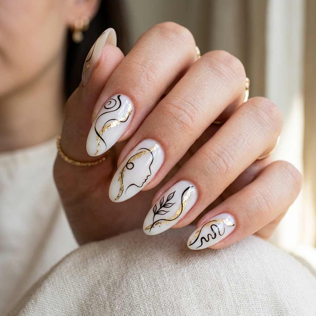 Diseño Nail Art minimalista con hojas de oro